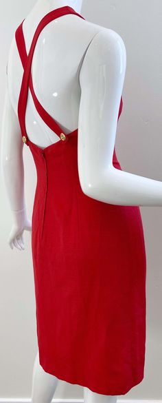 For Sale on 1stDibs - Chic mid 90s VALENTINO ‘ Miss V ‘ signature lipstick red halter cross-cross Rayon ( 90% ) and Linen ( 10%) dress ! Features a halter neckline for support V Signature, Miss V, Mid 90s, Sheer Gown, Vintage Valentino, Valentino Couture, Valentino Dress, 90's Fashion, Cashmere Dress