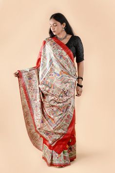 Exclusively Handcrafted Madhubani Saree.Is Made On 100% Pure Dye Ghicha Tussar Silk. The Madhubani Saree represent the Art Of Madhubani or Mithila. This Beautiful Art Practiced In The Mithila Region Of India And Nepal. Painting Is Done With Fingers, Twigs, Brushes, Nib-Pens, And Matchsticks, Using Natural Dyes And Pigments, And Is Characterised By Eye-catching Geometrical Patterns. There Is Ritual Content For Particular Occasions, Such As Birth Or Marriage, And Festivals, Such As Holi, Surya Sha Nepal Painting, Heavy Work Dupatta, Madhubani Saree, Painted Saree, Kali Puja, Hand Painted Sarees, Heavy Work, Red Party, Red Saree