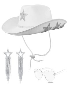 PRICES MAY VARY. Bride hat and heart sunglasses and star earring suits, there is no doubt that they are the perfect addition to the bachelorette party, white cowboy hat makes the bride the focus of the audience, don't miss it if you like cowboy style The bachelorette outfit for bride has a retractable neck rope, which will not fall off easily when worn, allowing you to jump and dance at will. The head circumference of the bride cowgirl hat is 23.6 inches, which is suitable for most people to wea Bachelorette Outfit For Bride, Bride Cowgirl Hat, White Cowgirl Hat, Star Fits, Women Singers, Cosmic Cowboy, Cowgirl Bride, White Bachelorette, Bachelorette Accessories