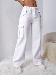 White  Collar  Denim Plain Straight Leg Embellished Non-Stretch  Women Clothing Fun Day Outfit, Outfit Ideas With White Jeans, Flap Pocket Cargo Jeans, White Jeans For Women, Celana Fashion, Legs Outfit, Mode Kimono, Plus Size Mini Dresses, Denim Cargo Pants