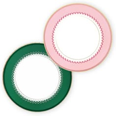 two plates with green and pink trims on each plate, one has a white border around the edge