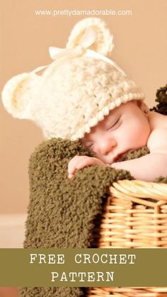 a baby sleeping in a basket wearing a bear hat