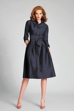 This 3/4 Sleeve Belted Taffeta Shirtdress comes in Black, Navy and Magenta Best Cocktail Dresses, Coat Dresses, Elegant Shirt Dress, Mother Of The Bride Fashion, Short Black Cocktail Dress, Cocktail Dresses With Sleeves, Navy Cocktail Dress, Black Peplum Dress, Tea Length Skirt