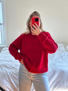 MEASUREMENTS AND ALL AVAILABLE SIZING INFO IS LISTED FOR EVERY ITEM. Please read this section in detail and reach out with any additional questions :) DESCRIPTION: Preloved oversized red Chaps sweater. Beautiful condition, soft and comfy. Chaps logo on left chest. She is in great condition with no noticed physical marks, just some light softening from prelove wear. Tag reads Chaps - size XL (men's) - 100% cotton  Recommended for sizes xs-xl depending on desired fit. Model is a size medium-large. Approximate flat lay measurements are as follows:  18" shoulder to shoulder  24" underarm to underarm  29"  top of shoulder shoulder to hemline. PLEASE NOTE: There is always a possibility of minor flaws in vintage items due to pre-love wear. We will always mention them in the description above but Oversized Red Sweater, Sweater Oversized, Red Sweater, Oversized Pullover, Oversized Sweater, Red Sweaters, Sweater Outfits, Favorite Outfit, Gender Neutral