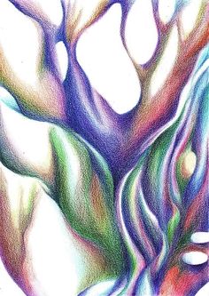 an abstract drawing of a tree with leaves and branches in pastel colors on white paper