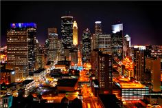 an aerial view of the city at night