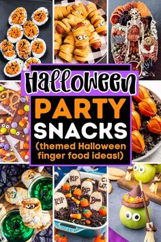 halloween party snacks and treats with text overlay