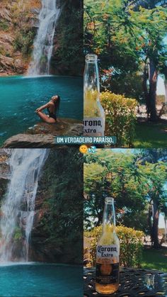 a woman sitting on top of a rock next to a waterfall with a bottle in it