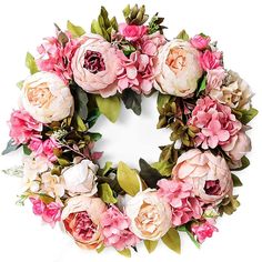 a wreath with pink flowers and green leaves on the front is displayed against a white background