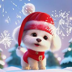 a small white dog wearing a santa hat and red sweater with fireworks in the background