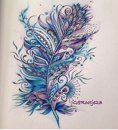 a drawing of a blue feather with swirls and bubbles on the back of it