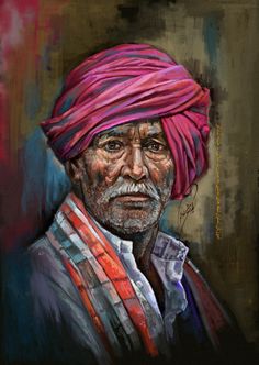 an old man with a pink turban on his head