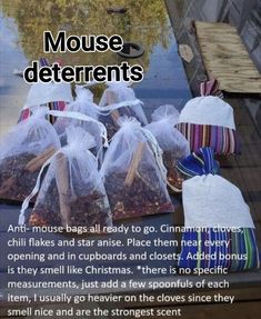 there are many bags that have different things in them on the table and one is labeled mouse deterents