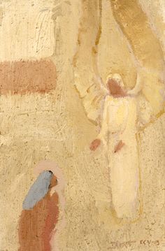 an abstract painting of a person with a bird on it's shoulder and another figure in the background