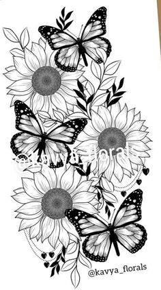 a card with sunflowers and butterflies in black and white on the inside of it