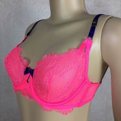 Are You Tired Of Boring Beige Bras That Look Like They Belong In Your Grandma's Underwear Drawer? Well, Have No Fear Because This Hot Pink Bralette Is Here To Save Your Lingerie Game! With Its Delicate Lace And Deep Blue Accents, You'll Feel Like A Mermaid Princess Who Just Emerged From The Sea. And Don't Let The Lack Of Lining Fool You - This Bralette Packs A Punch With Its Underwire Support. So Go Ahead And Treat Yourself To Some Flirty And Functional Lingerie That's Sure To Make You Feel Like Pink Underwire Bra For Party, Party Pink Bra With Padded Cups, Pink Underwire Bra For Night Out, Pink Padded Party Bra, Pink Party Bra With Lined Body, Pink Lined Bra For Party, Fitted Pink Bra For Night Out, Pink Lined Bra For Night Out, Pink Lined Body Bra For Night Out