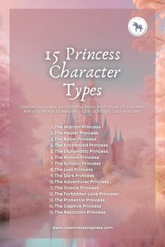 the princess character types list for disney's castle in pink and blue with text overlay