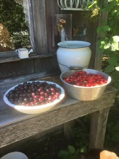 two bowls filled with cherries sitting on top of a wooden bench next to another bowl full of cherries