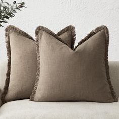 two pillows sitting on top of a couch next to a plant