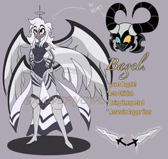 an anime character with white hair and black wings, standing in front of a gray background