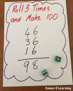 a sign that says roll 3 times and make 100 with two dices on it