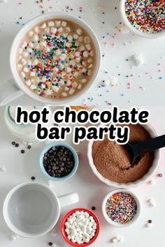 hot chocolate bar party with sprinkles in bowls