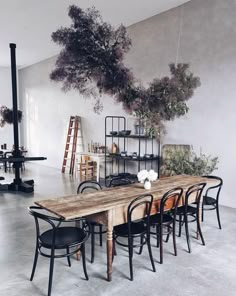 a dining room table with chairs and plants on the wall behind it, in front of a ladder