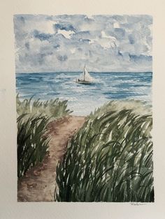 a watercolor painting of a sailboat in the ocean on a beach with grass