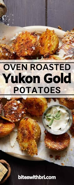 oven roasted yukon gold potatoes on a plate with ranch dip and crackers in the background