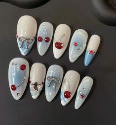 Simple Blue Design Nails, September Birthday Nails, Blue Cherry Nails, Cherry French Nails, Nails Gel Nails, Custom Press On Nails, Hard Nails, Cherry Nails