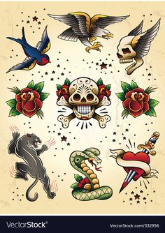 an old school tattoo design with skulls, roses and other tattoos on the back of a sheet