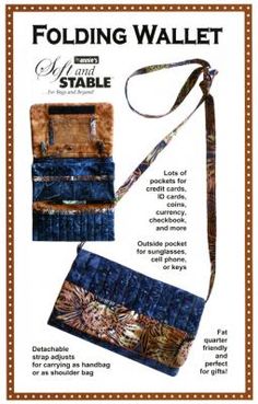 the sewing pattern for folding wallets is shown in blue and brown colors, with an adjustable