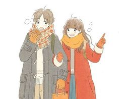 two people standing next to each other wearing coats and scarfs, one holding a handbag