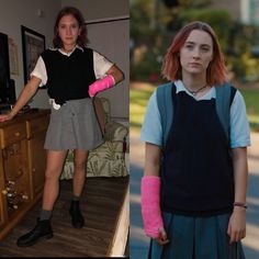 two girls in school uniforms one with pink gloves and the other wearing black shirt and grey skirt