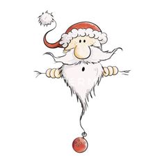 a drawing of a santa clause hanging on a string with his hands in the air