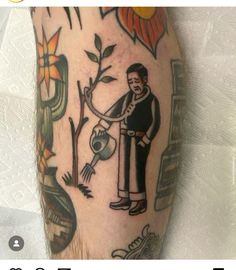 a man with tattoos on his leg holding a watering can