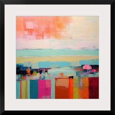 an abstract painting with bright colors and lines on the bottom, in black framed frame