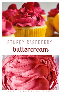 two pictures with different types of cupcakes and the words, study raspberry buttercream