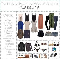 the ultimate round the world packing list for travel fashion girl, including clothing and accessories