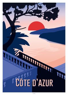 an image of a poster with the sun setting in the background and trees on the other side