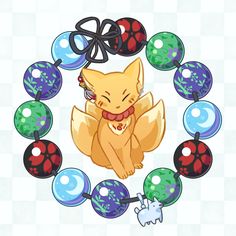 a cat sitting in the middle of a circle surrounded by balls and beads on a checkered background