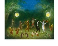 a painting of cats dancing in the grass at night