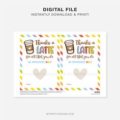 two printable thank cards for coffee lovers