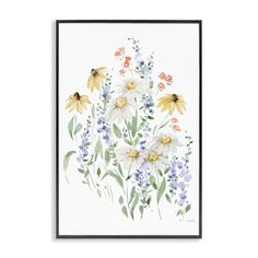 a watercolor painting of daisies and wildflowers on white paper with black frame