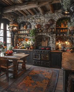 an old fashioned kitchen with stone walls and flooring, wooden furniture and potted plants on the windowsill