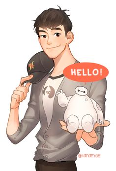 a young man holding a stuffed animal in his right hand with the word hello written on it