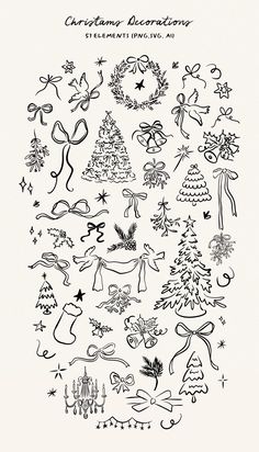 christmas decorations drawn in black ink on white paper