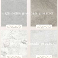 four different types of marble tiles in various colors and sizes, including grey, white, gray