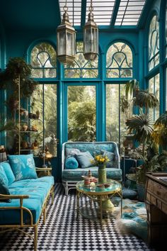 a living room filled with furniture and lots of windows covered in blue curtains, surrounded by potted plants