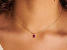 A dainty stone and delicate metallic chain are combined to create this Gold Pendant Necklace in brilliant ruby, your new favorite wear-anywhere accessory. Ruby is the birthstone of July.   D E T A I L S - Materials: 14k gold over sterling silver (Both stone setting and the chain). This necklace is 14k gold THICK plated, and it can last for a very long time with proper care. - Stone: Authentic ruby stone. Ruby is also known as July birthstone. - Pendent size: 4mm x 6mm. - Chain length: 18 inch. - Birthday Stone, Ring Der O, Ruby Necklace, Ruby Stone, Stone Pendant Necklace, July Birthstone, Steel Necklace, Girls Jewelry, Birthstone Necklace